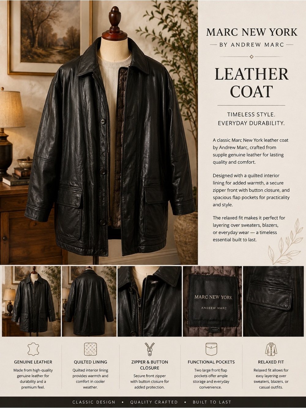 Marc New York Black Leather Jacket with Quilted Lining